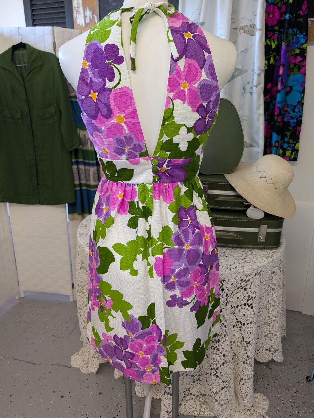 Vintage Dress Malia Of Honolulu Bright Floral Halter Sundress  Pink, Purple 1970 - Picture 2 of 9